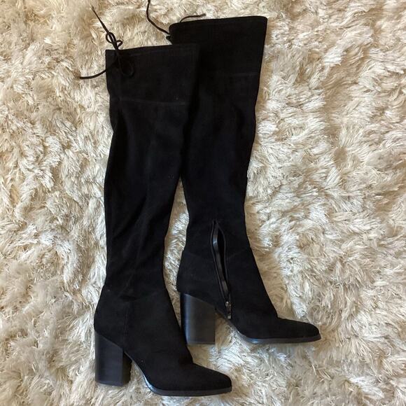 Marc Fisher Tall Over the Knee Boot Black Suede US 10 Heeled Pointy Toe Tie Back - Picture 8 of 10